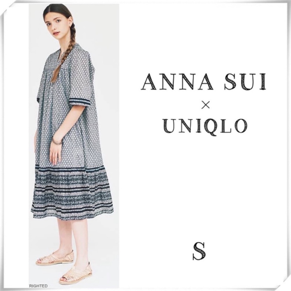 ANNA Sui By Uniqlo Floral Paisley Flowy Smock Midi Dress White with Black Size S